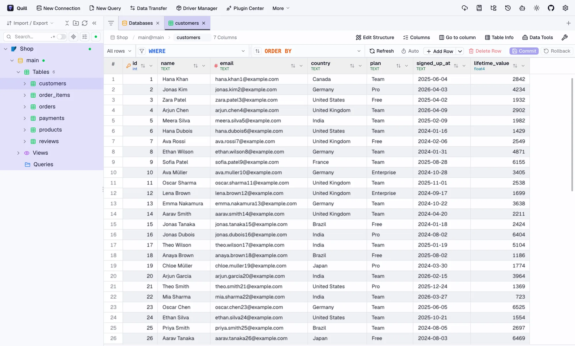 Quill showing the customers table of a shop database in its data grid