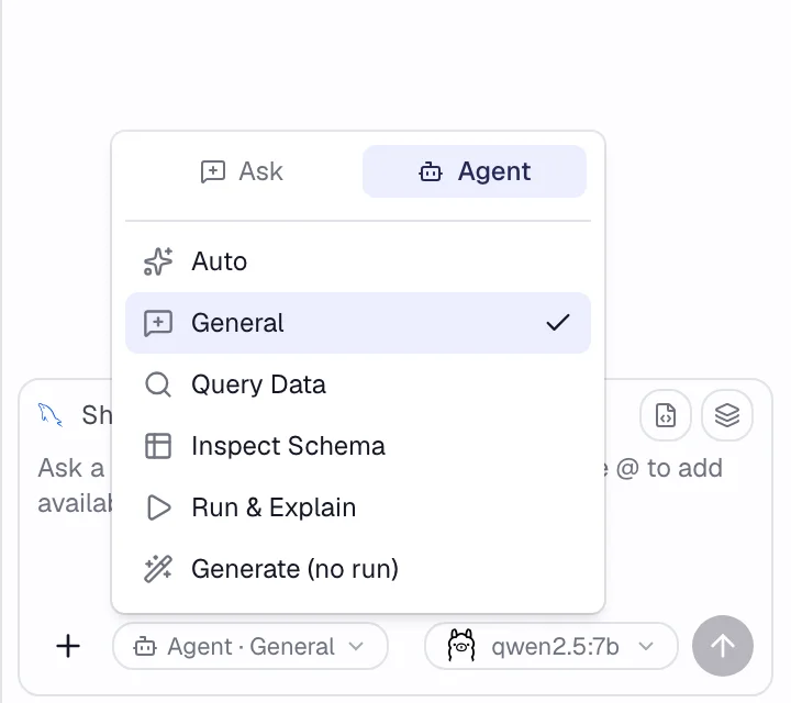 The assistant's mode menu with Agent selected and the Query Data option