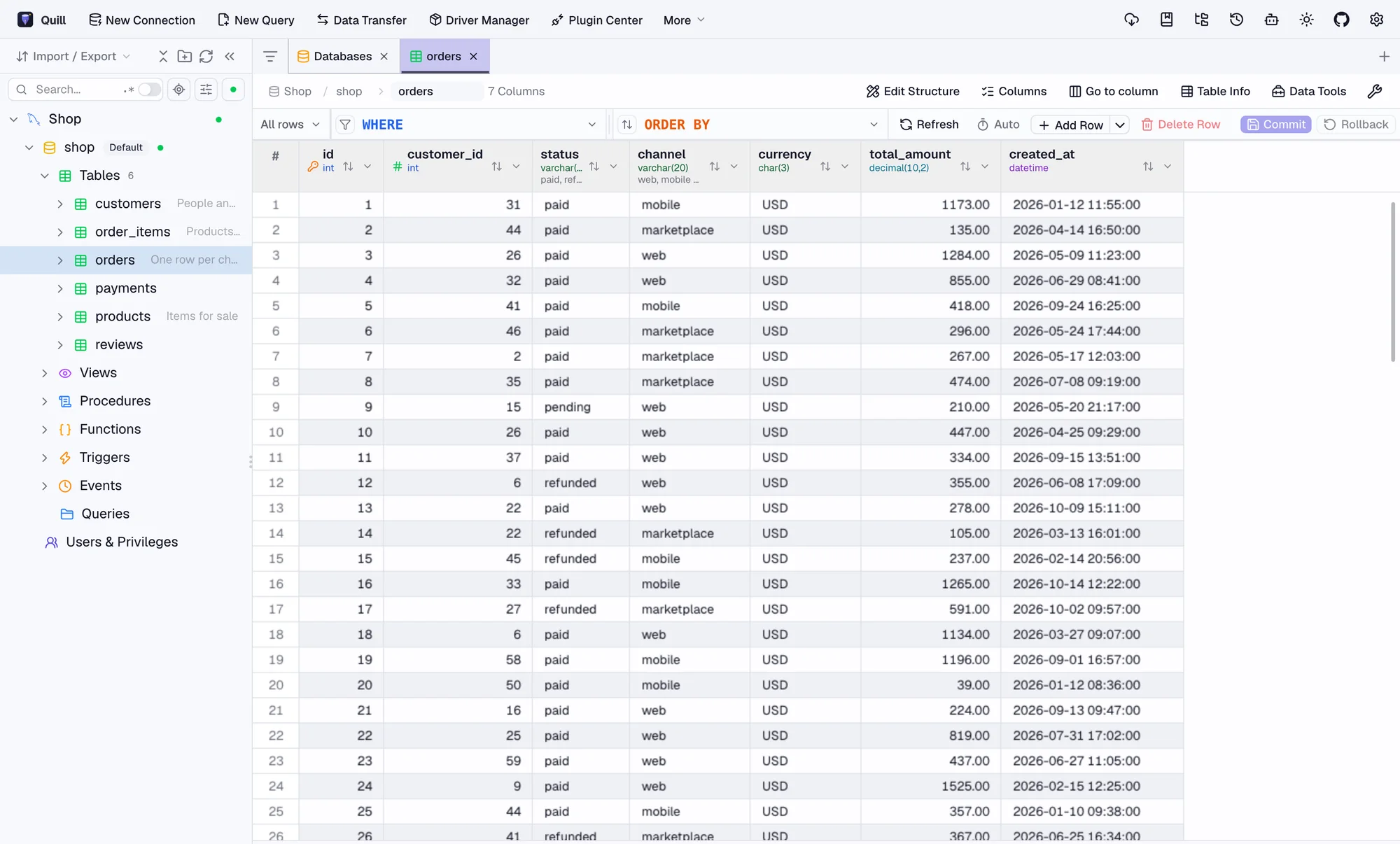 Quill showing the orders table of the shop database with its rows