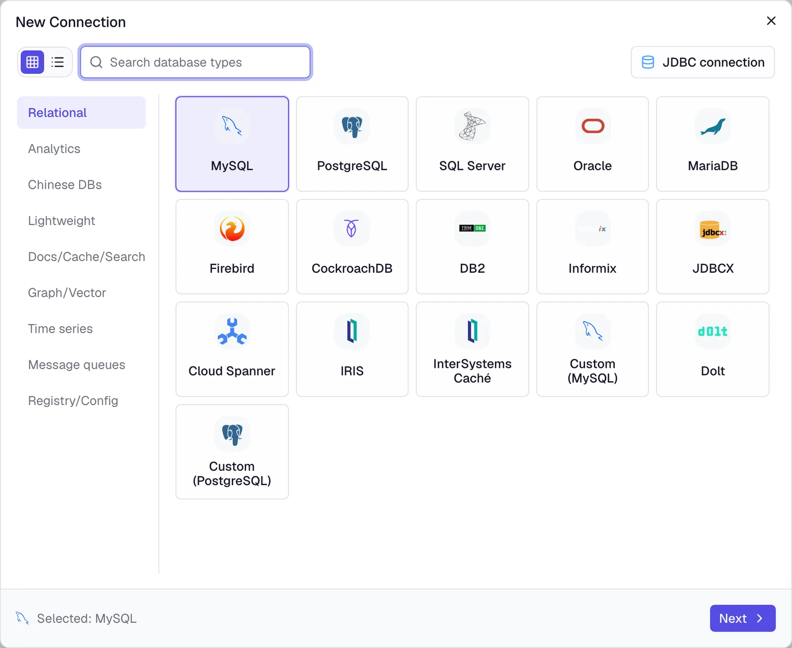 The New Connection window with MySQL selected among database types