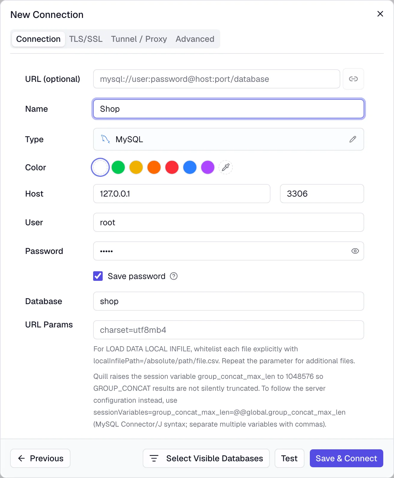 The MySQL connection form filled in with the name Shop, host 127.0.0.1, port 3306, user root and database shop