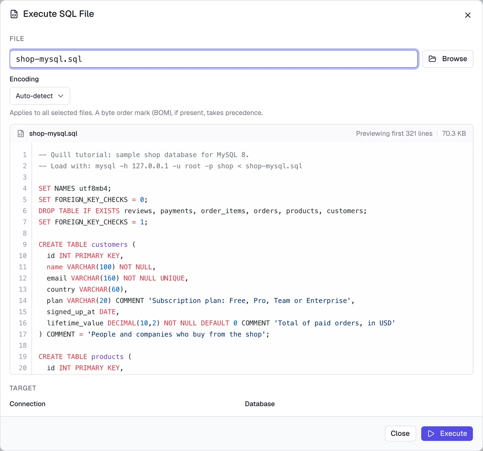The Execute SQL File window with the sample file selected and a preview of its contents