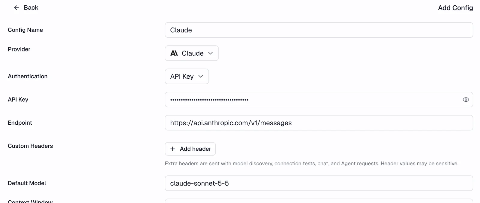 AI settings filled in for Claude: name Claude, an API key, and the model claude-sonnet-5-5