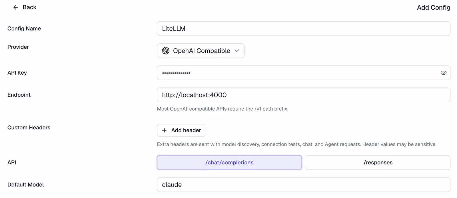AI settings for LiteLLM using OpenAI Compatible with the endpoint http://localhost:4000 and the model claude