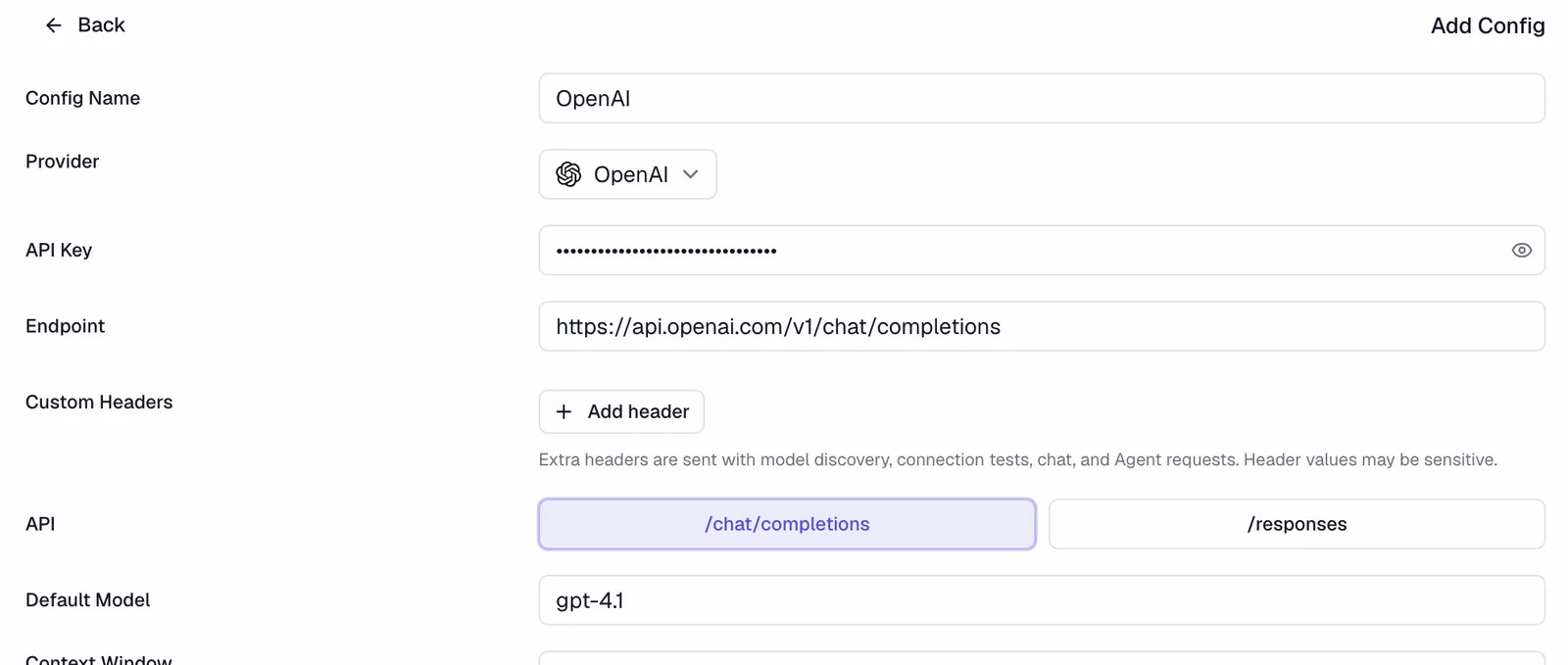 AI settings filled in for OpenAI with an API key and a model