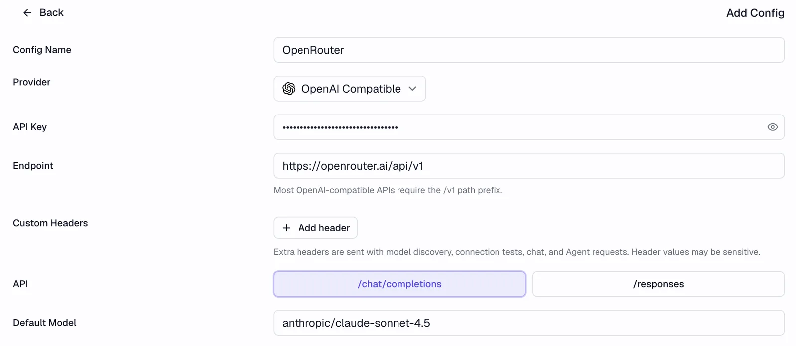 AI settings for OpenRouter using OpenAI Compatible with the endpoint https://openrouter.ai/api/v1