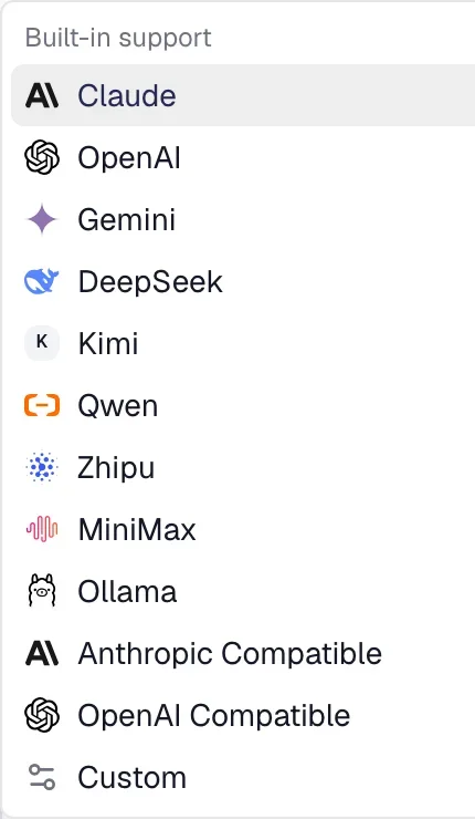 The Provider list in Quill's AI settings: Claude, OpenAI, Gemini, DeepSeek, Ollama and others