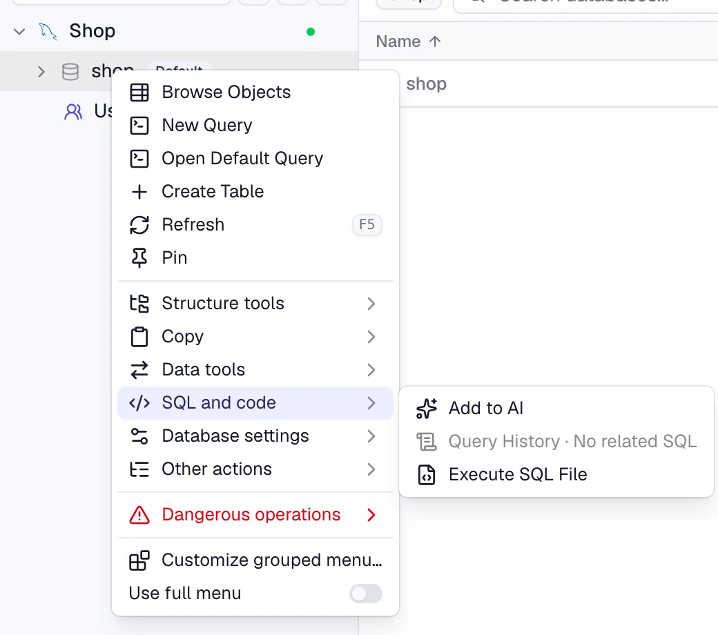 Right-click menu on a database showing SQL and code, then Execute SQL File